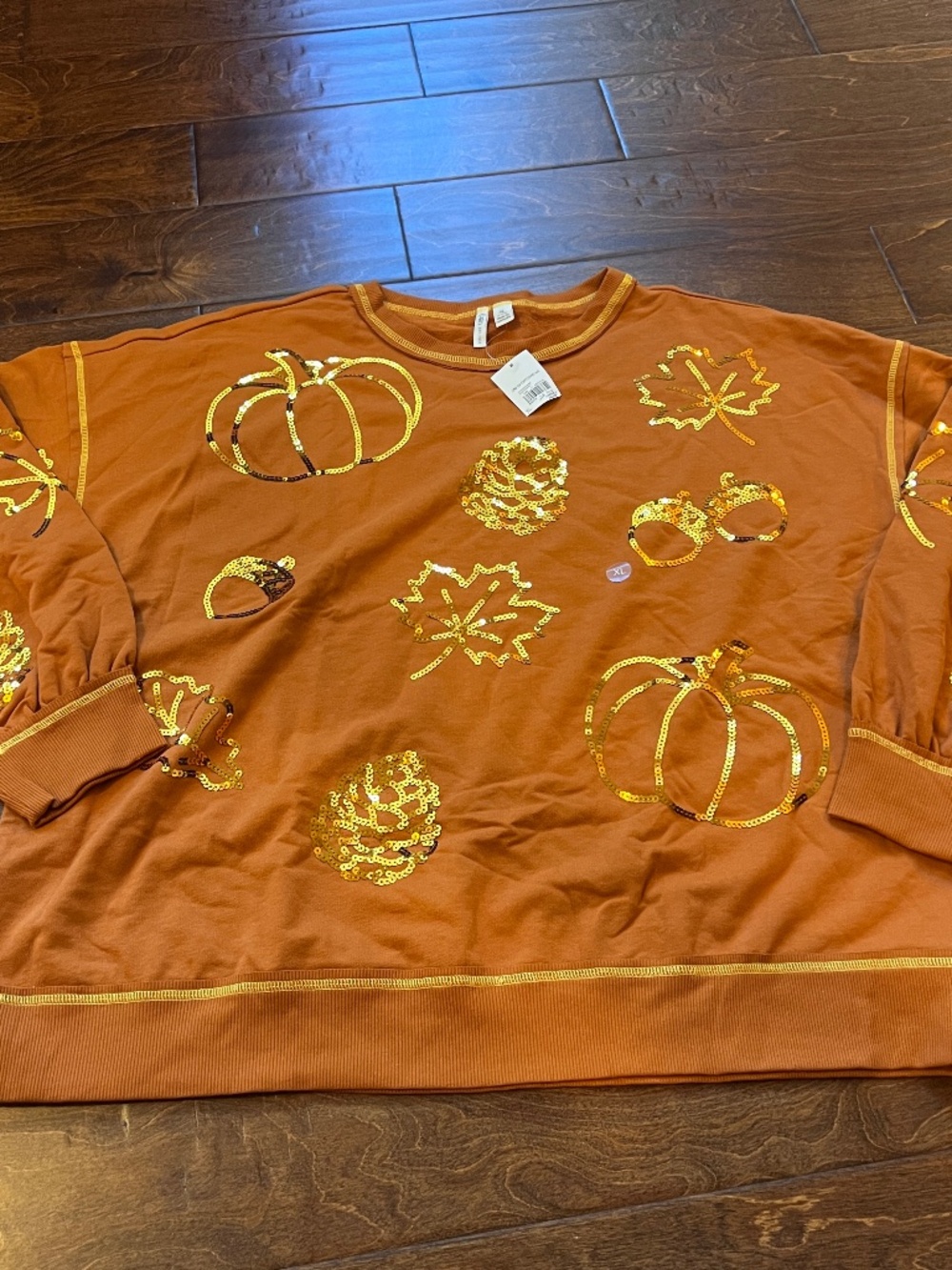 Cato Women’s XL Fall Orange Sequin Pumpkin Leave Acorn Long Sleeve Shirt NWT